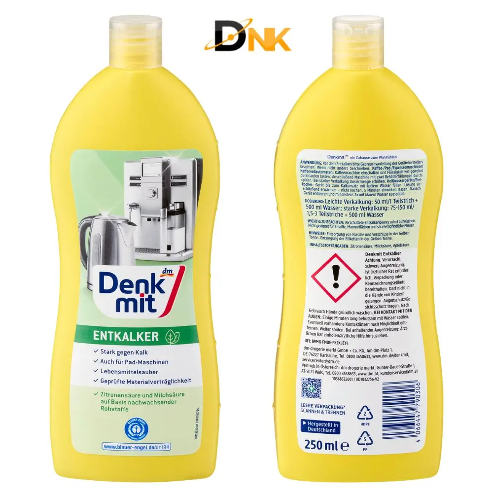 Dung Dịch Tẩy Cặn Vôi Denkmit Entkalker 250Ml Cho Máy Pha Cà Phê, Ấm Đun Nước 3 Mặt Trước Và Mặt Sau Chai Dung Dịch Tẩy Cặn Vôi Denkmit 250Ml