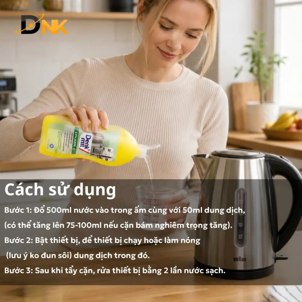 Dung Dịch Tẩy Cặn Vôi Denkmit Entkalker 250Ml Cho Máy Pha Cà Phê, Ấm Đun Nước 4 Minh Họa Định Lượng Dung Dịch Denkmit Entkalker Bằng Cốc Đong