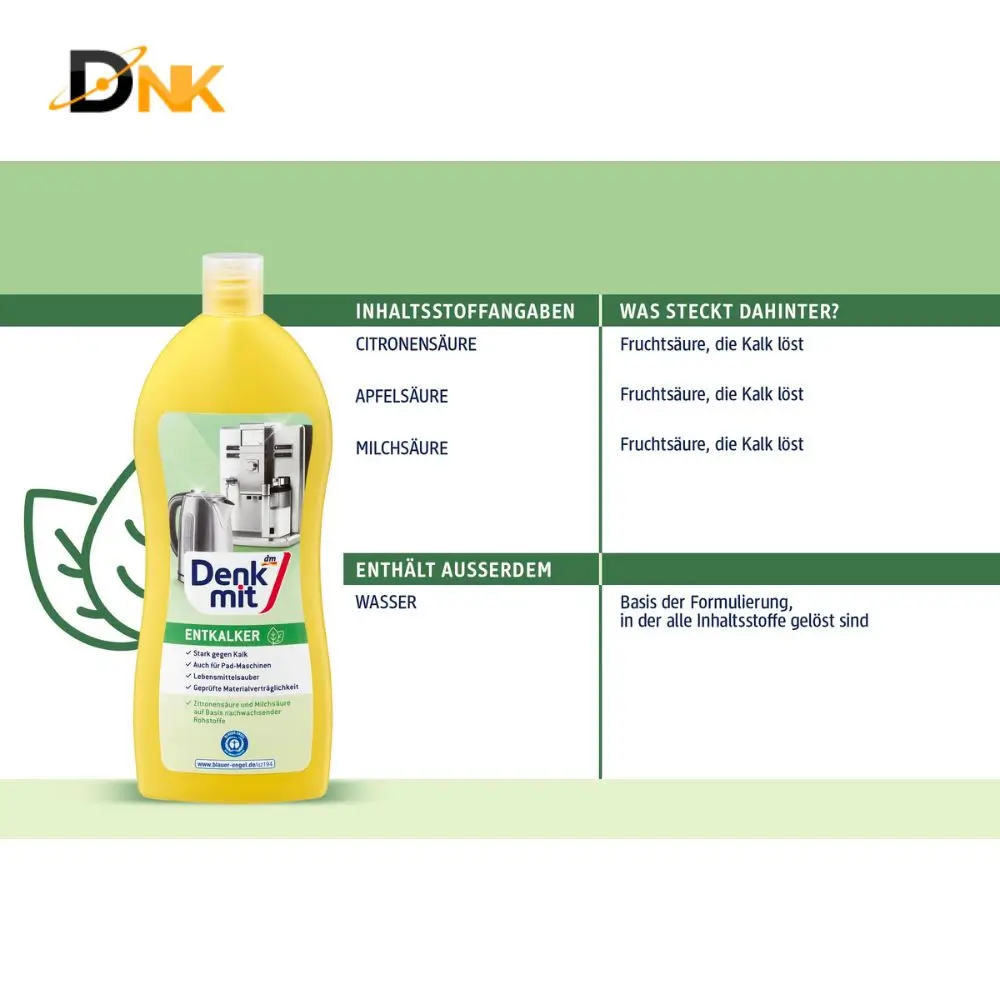 Dung Dịch Tẩy Cặn Vôi Denkmit Entkalker 250Ml Cho Máy Pha Cà Phê, Ấm Đun Nước 2 Bảng Thành Phần Denkmit Entkalker Gồm Axit Citric, Axit Malic, Axit Lactic Và Nước