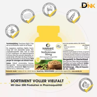 Viên Uống Warnke Nattokinase 50Mg Đức, 60 Viên Nang 3 Nhãn Warnke Nattokinase 50Mg Cùng Biểu Tượng Thuần Chay, Không Gluten, Lactose, Gelatin Và Men