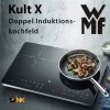 Hình Bếp Wmf Kult X Trong Không Gian Bếp, Có Chảo Thức Ăn Trên Vùng Nấu Bên Phải, Phía Trên Là Tên Dòng Sản Phẩm Và Logo Wmf. Bếp Wmf Kult X Đặt Trên Bàn Với Chảo Thức Ăn Ở Vùng Nấu Bên Phải