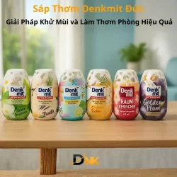 Banner 6 sáp thơm Denkmit Đức gồm Green Freshness, Vanille, Blue Harmony, Sunshine Garden, Raum Erfrischer và Golden Plum.
