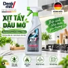 Hình Giới Thiệu Chai Xịt Denkmit Trong Không Gian Bếp, Kèm Biểu Tượng Các Ứng Dụng Làm Sạch Dầu Mỡ Và Cặn Thức Ăn Trên Bề Mặt Tương Thích. Chai Denkmit Power-Fettlöser Cạnh Biểu Tượng Dầu Mỡ, Cặn Bám Và Máy Hút Mùi