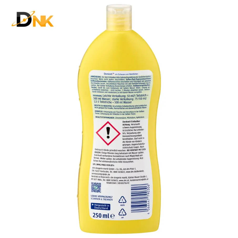 Nhãn Sau Và Cách Dùng Denkmit Entkalker 250Ml Nhãn Sau Chai Denkmit Entkalker 250Ml Với Hướng Dẫn Sử Dụng Và Cảnh Báo