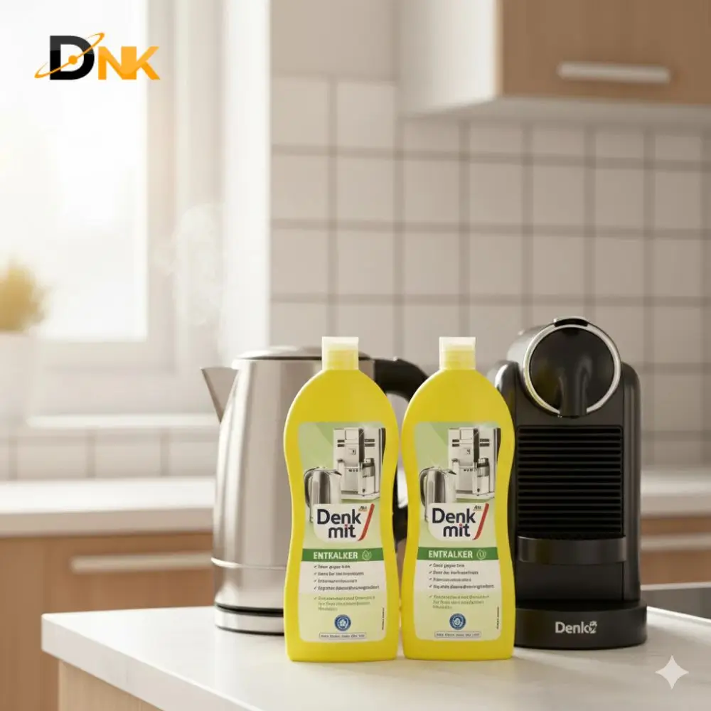 Denkmit Entkalker Và Thiết Bị Pha Chế Gia Đình Hai Chai Denkmit Entkalker Phía Trước Ấm Đun Và Máy Pha Cà Phê Viên Nén