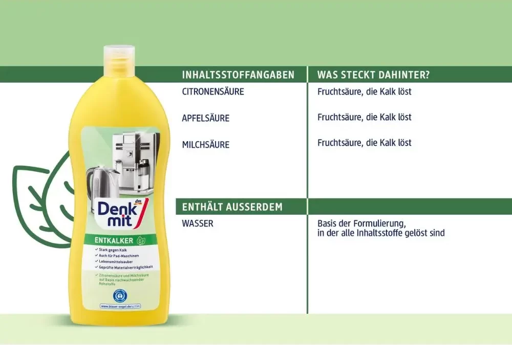 Thành Phần Dung Dịch Denkmit Entkalker Bảng Thành Phần Denkmit Entkalker Gồm Axit Citric, Axit Malic, Axit Lactic Và Nước