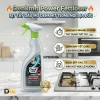 Ảnh Chai Denkmit Cạnh Khu Vực Bếp Gas, Kèm Hình Minh Họa Bề Mặt Bám Bẩn Và Sạch. Kết Quả Thực Tế Phụ Thuộc Tình Trạng Vết Bẩn Và Cách Sử Dụng. Chai Xịt Denkmit Power-Fettlöser Bên Cạnh Hình Minh Họa Bề Mặt Bếp Gas