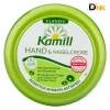 Hình Mặt Trước Hũ Kamill Classic Trên Nền Trắng, Thể Hiện Tên Dòng Sản Phẩm, Hoa Cúc Hữu Cơ, Bisabolol Và Biểu Tượng Vegan. Mặt Trước Hũ Kamill Classic Hand &Amp; Nagelcreme Màu Xanh