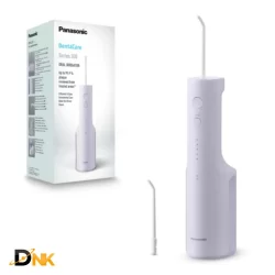 Máy tăm nước Panasonic EW-DJ26-V303 màu tím nhạt bên cạnh hộp trắng và đầu phun rời.