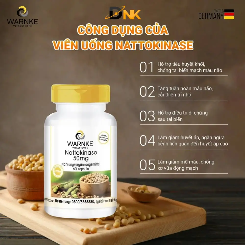 Đồ Họa Giới Thiệu Warnke Nattokinase 50Mg Chai Warnke Nattokinase 50Mg Bên Cạnh Danh Sách Tuyên Bố Công Dụng Bằng Tiếng Việt