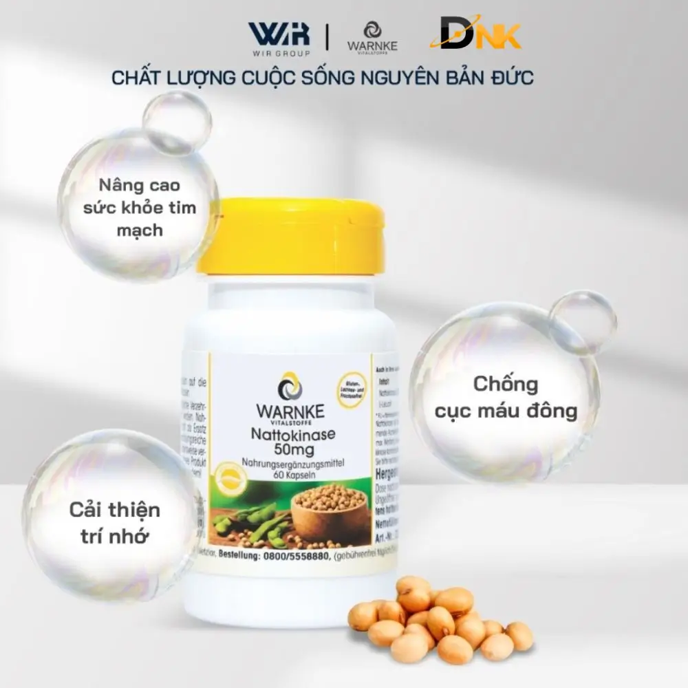 Hình Giới Thiệu Viên Nang Warnke Nattokinase 50Mg Chai Warnke Nattokinase 50Mg Và Đậu Nành Trên Nền Trắng Có Các Ô Chữ Hình Bong Bóng