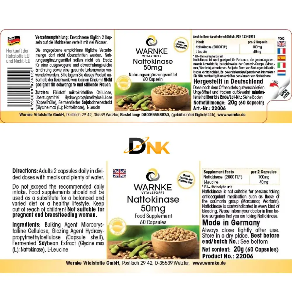 Nhãn Warnke Nattokinase Bằng Tiếng Đức Và Anh Nhãn Tiếng Đức Và Tiếng Anh Của Warnke Nattokinase 50Mg 60 Viên Nang