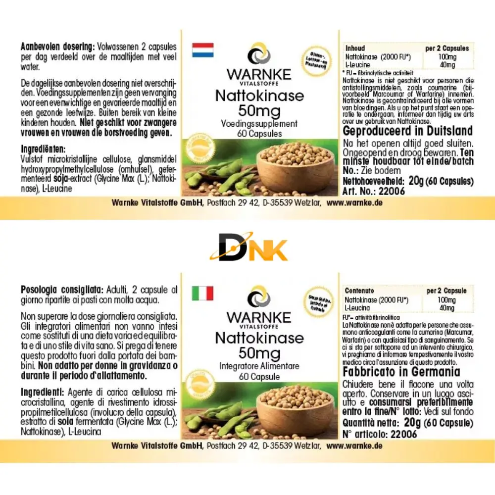 Nhãn Warnke Nattokinase Tiếng Hà Lan Và Ý Nhãn Tiếng Hà Lan Và Tiếng Ý Của Warnke Nattokinase 50Mg 60 Viên