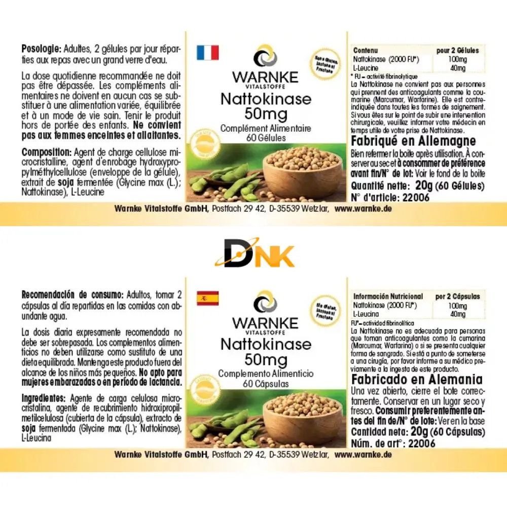 Nhãn Warnke Nattokinase Tiếng Pháp Và Tây Ban Nha Nhãn Tiếng Pháp Và Tiếng Tây Ban Nha Của Warnke Nattokinase 50Mg