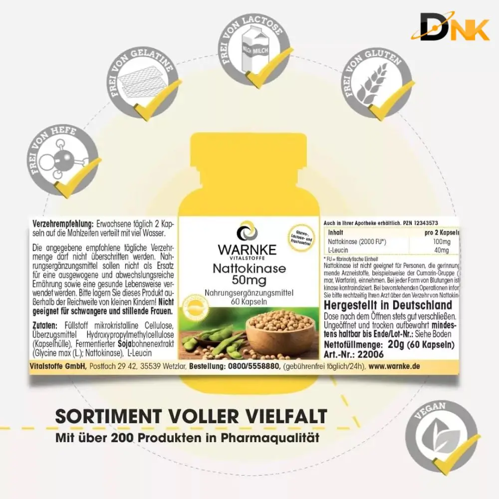 Nhãn Và Đặc Điểm Warnke Nattokinase 50Mg Nhãn Warnke Nattokinase 50Mg Cùng Biểu Tượng Thuần Chay, Không Gluten, Lactose, Gelatin Và Men